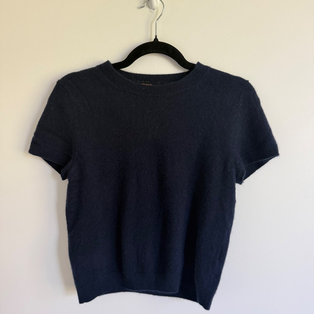 Quince 100% Mongolian Cashmere Short Sleeve Crewneck Sweater Navy Blue Size M